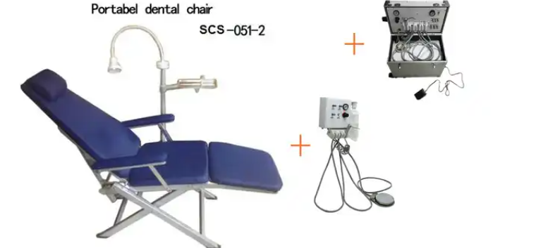 Tragbarer faltbarer zahnärztlicher Patientenstuhl mit Kaltlichtlampe und Instrument